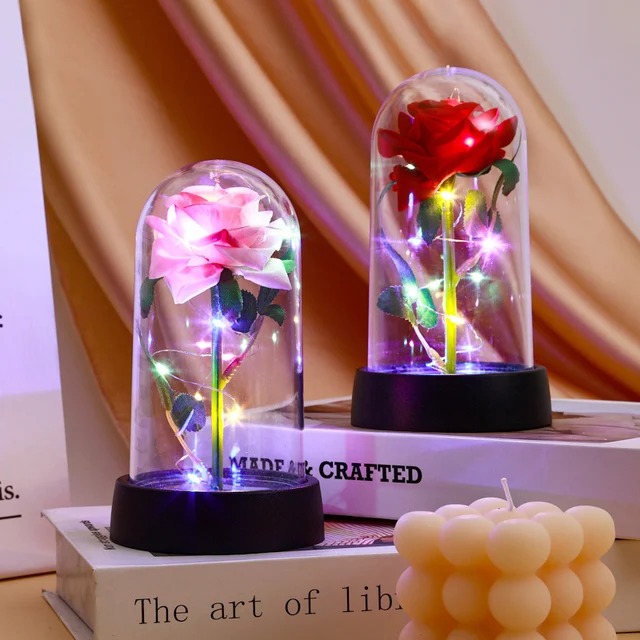 Rose éternelle artificielle avec lumière LED, fleur en feuille d'aluminium, couverture en verre, simulation de fleur, cadeaux de fête des mères, fournitures de fête 4