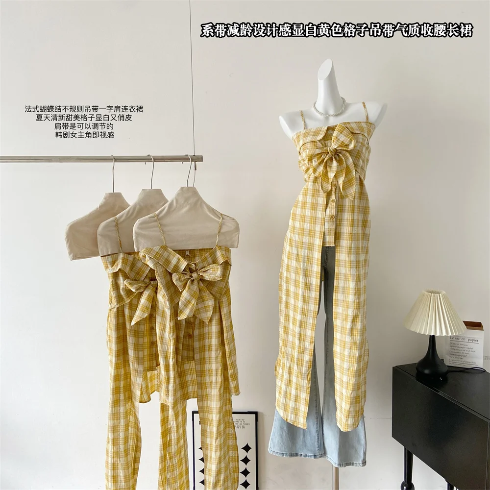 

Женское платье с лямкой на шее, желтое клетчатое платье средней длины без рукавов с бантом и асимметричным подолом, лето 2024