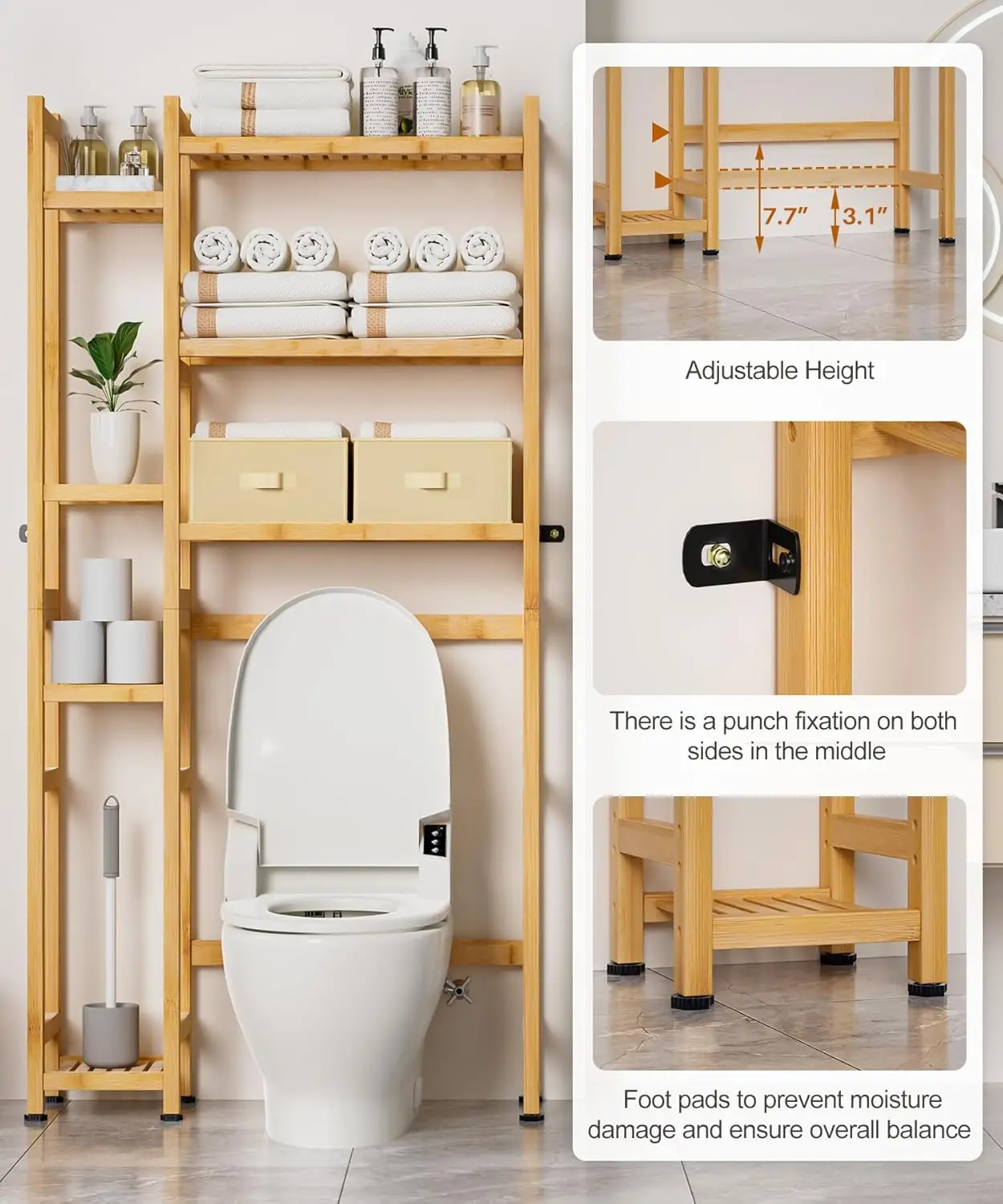 Over Toilet Storage. Bamboo Organizer. Basket, Drawer, Adjustable Shelf. Waterproof Feet Pad. Space Saver. Natural.