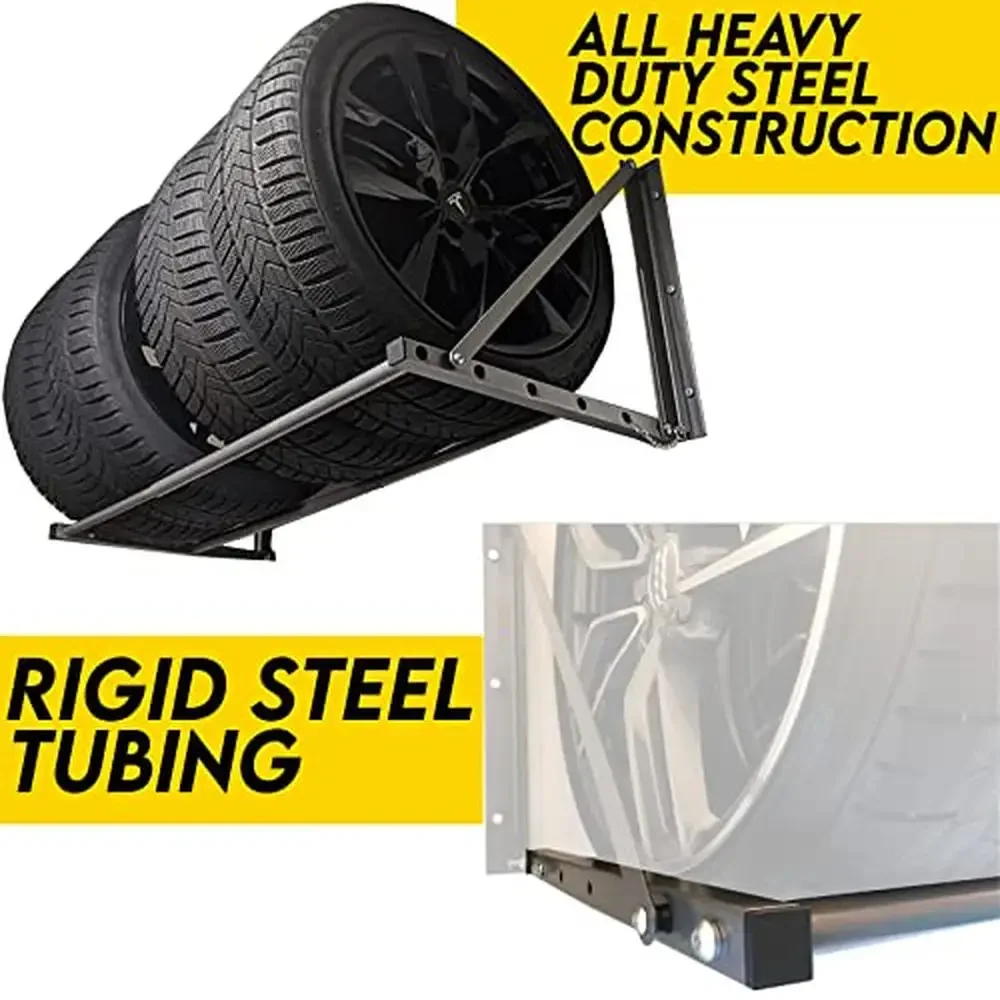 Adjustable Folding Wall Mount Tire Storage Rack Accomodates 4 Tires Heavy Duty Steel Construction Folds Against Wall Adjustable 4