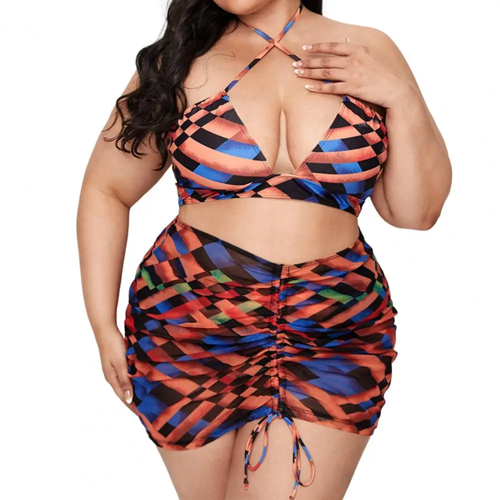 

3 Pcs/Set Women Bikini Set Print Halter Neck Low-cut Pleated High Waist Drawstring Swimsuit Sports Clothes