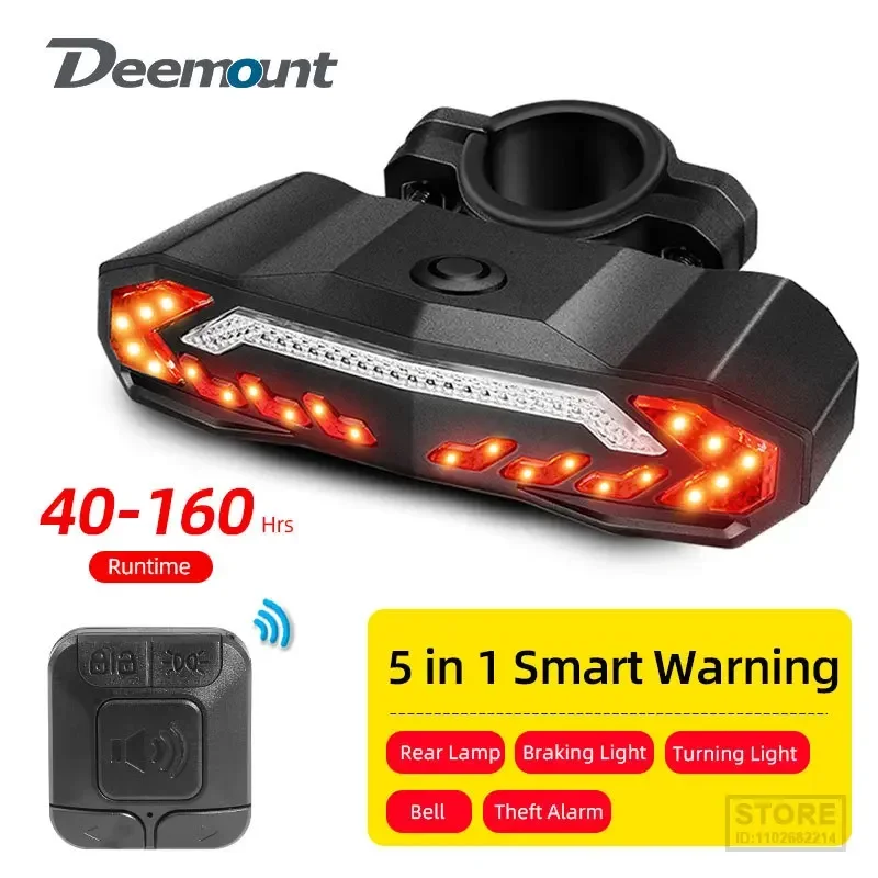 

Bicycle 5 in 1 Tail Lamp Braking Warning Turning Rear Light Bike Bell Horn Remote Call Theft Alarm Siren 40-160Hrs Type-C Port