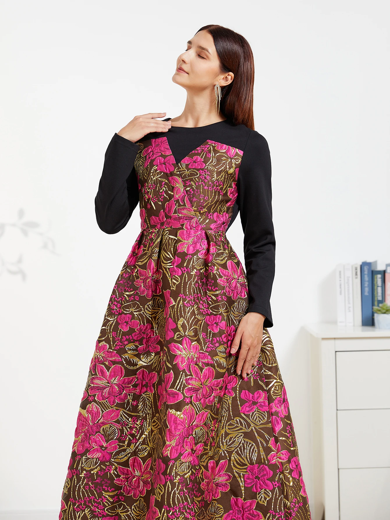 DEVCHATA Qualität Vintage Damen Jacquard Kleid Neue elegante Abendkleider gespleißt ​ ​ Langes Ballkleid mit Blumenmuster für Frühling und Herbst – Detail 6