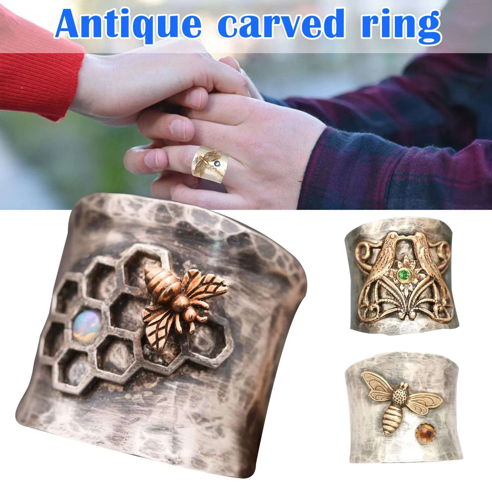 בציר מגולף זהב טבעת צינור עגול טבעת עם שפירית/דבורה/ציפור דפוס רטרו מתנה עבור נשים גברים זוג מדד אצבע טבעות