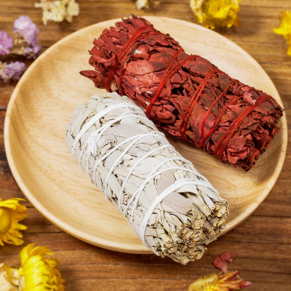 10cm White & Red Sage Bundle Smudge Stick Wand for Spiritual Incense Sticks Burning Aromatherapy Energy Cleansing Bundles