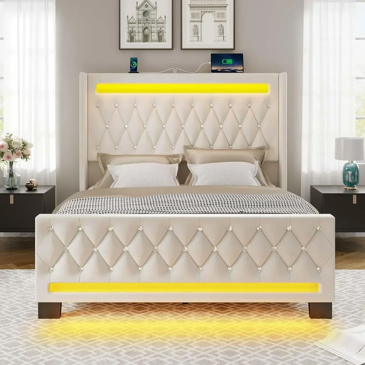 NEW-Queen Bed Frame with LED Light and Charging Station, Upholstered High Headboard and Footboard, Wood Slats, Noise Free