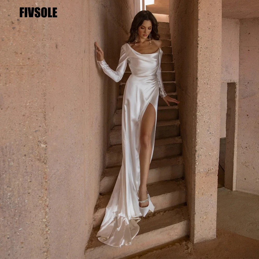 

Fivsole Long Sleeves Mermaid Wedding Dress Boho Vestido De Noiva Bride Gown Simple Satin Slit Split Robe De Soirée De Mariage