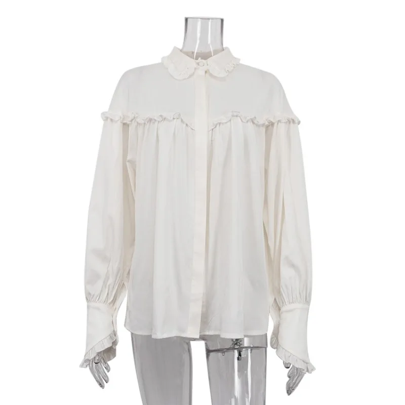 Camisas sueltas con volantes para mujer, primavera 2025, camisa blanca de cuello alto de manga larga para mujer, camisa informal de calle de gran tamaño para mujer