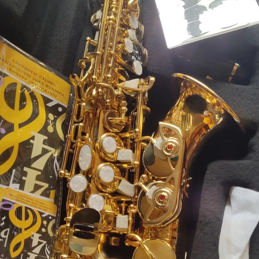

New arrival 54 B-flat Curved soprano saxophone one to one engraved pattern lacquered gold brass jazz instrument sax with case