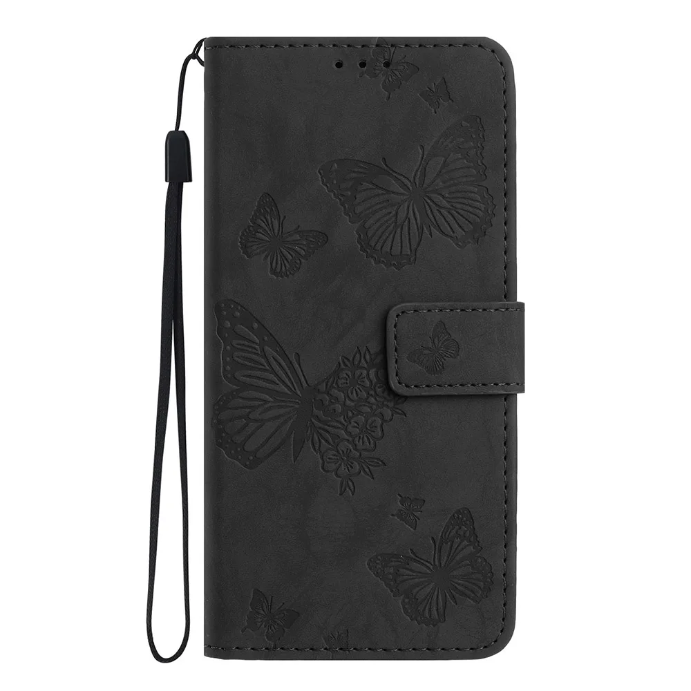 Butterfly Embossed Leather Wallet Phone Case with Card Slots and Strap