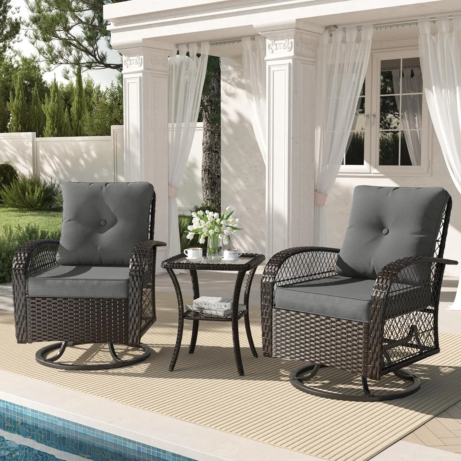 

3 Pieces Patio Furniture Set, Outdoor Swivel Gliders Rocker, Wicker Patio Bistro Set w Rattan Rocking Chair, Glass Top Table