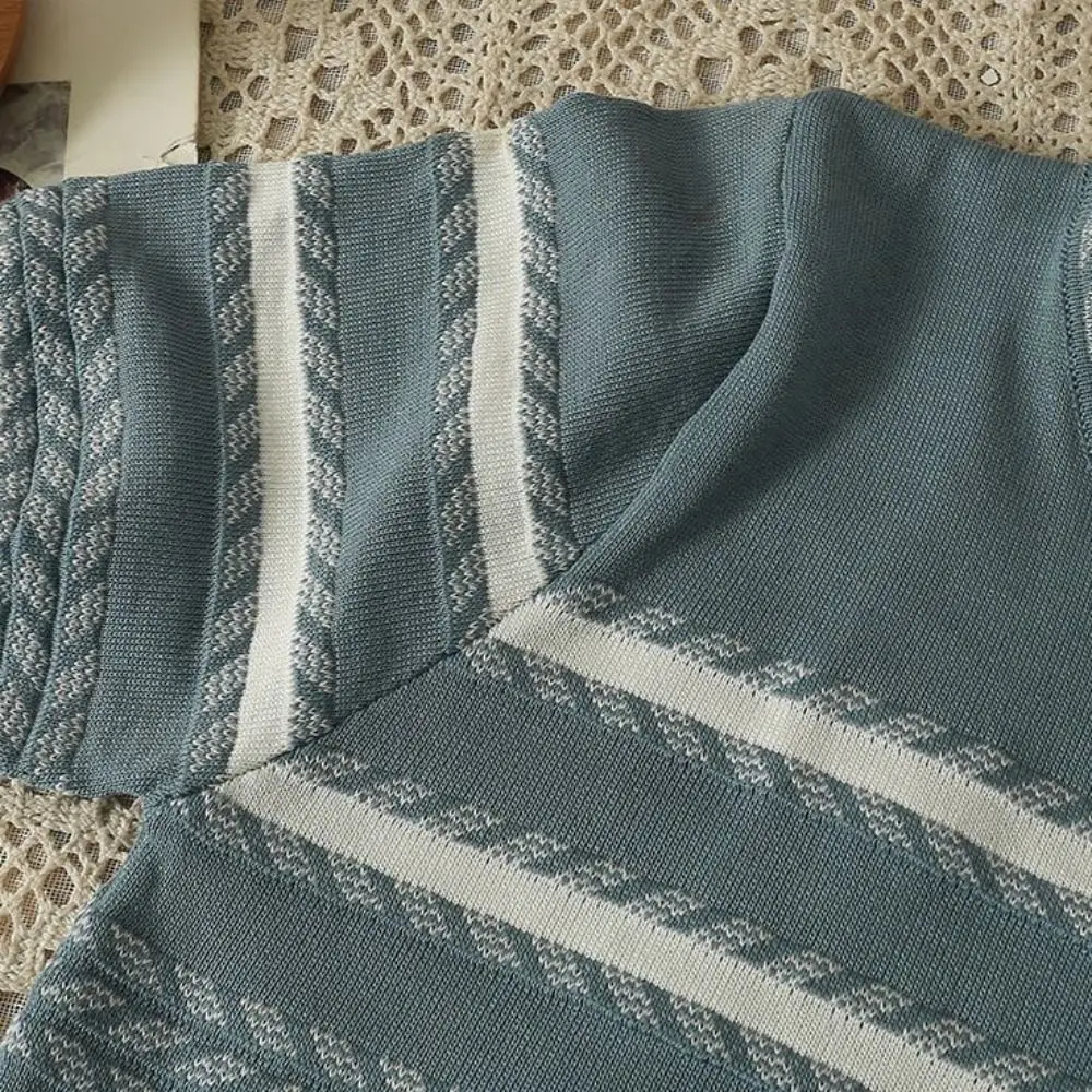 Comfortable Ins Short Sleeve Crop Top Summer Female Clothing Stripe Knitted T-shirt Bottoming Shirt Loose Knitwear Women Female