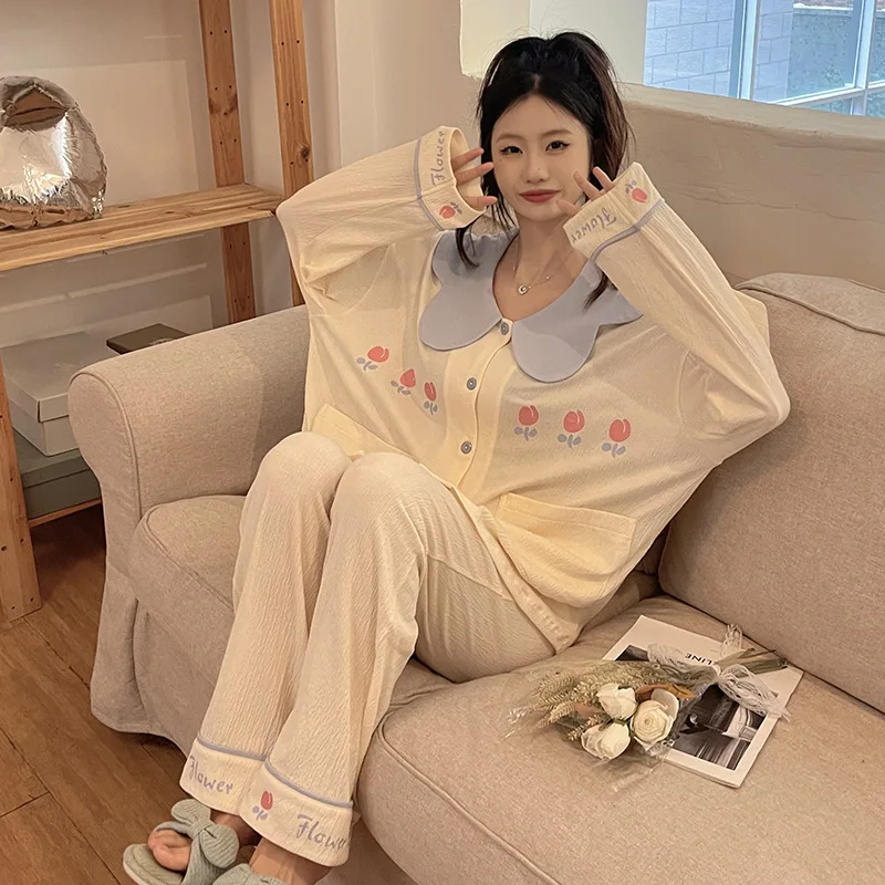 Women 2 Pieces Pajamas Sets Cotton Pijama Print Female Pyjama Sleepwear Long Sleeve Lapel Shirt Pants Suit Homewear Loungewear