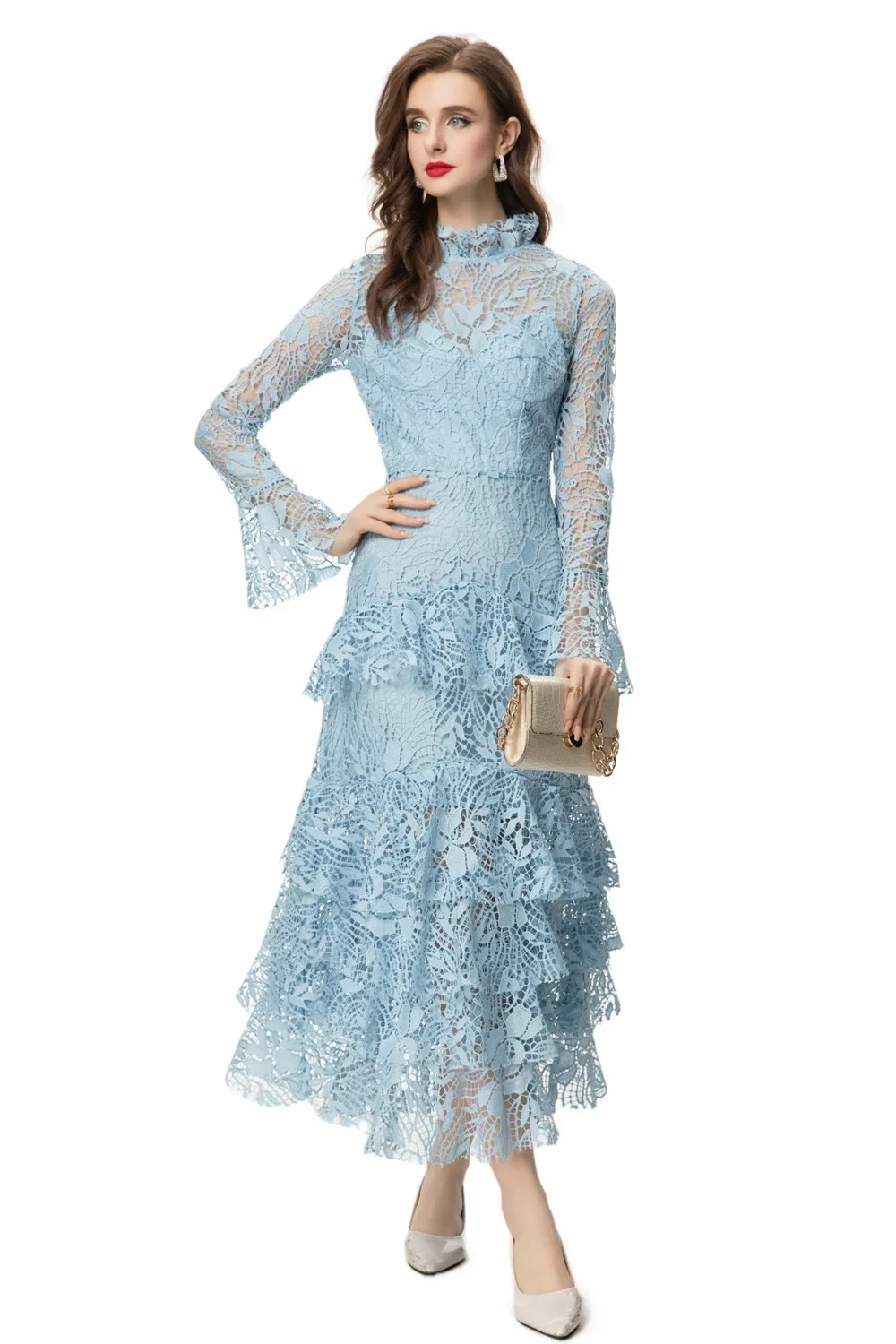 

Summer Water-Soluble Flower Long Dress Women's Stand Collar Flare Sleeve Hollow Out Ruffles Vintage Dress Fashion New
