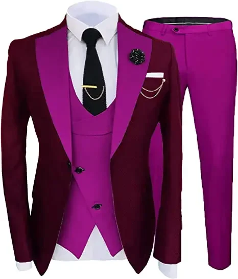 Burgundy Black Mens Suits  Fashion Slim Fit 3 Piece Wedding Tuxedos Elegant Party Blazer Vest Pants Set
