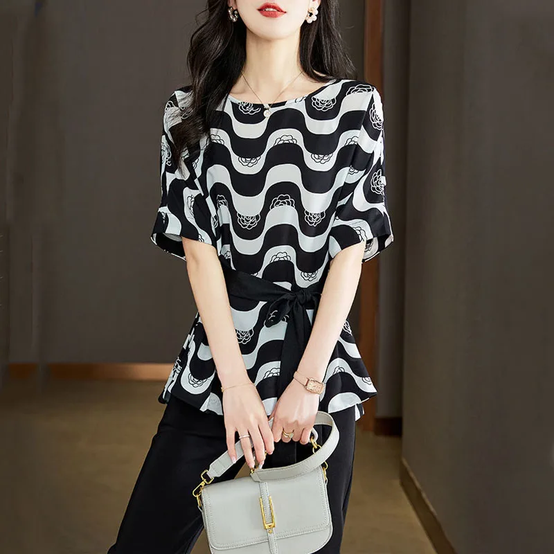 Casual Fashion Wave Pattern Printed Loose Blouses Korean 2022 Summer Short Sleeve Bandage Waist Chiffon Shirt Female Clothing