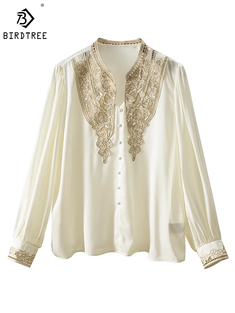 

Birdtree 19MM 92%Mulberry Silk Women Elegant Shirts Long Sleeve Fashion Embroidery Sequins Blouses Party Chic Fall Tops T3N923QM