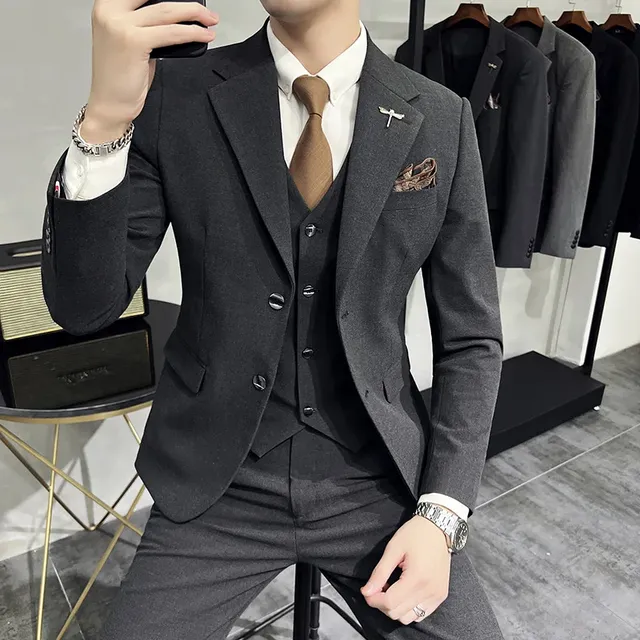 ( Jacket + Vest + Pants ) High-end Brand Boutique Fashion Solid Color Mens Casual Business Suit 3Piece Set Groom Wedding Dress - Dark Gray 2 buttons, Asia 7XL (EUR 4XL)
