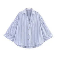 MUJER rayé chemise femme blanc chemises décontractées amples pour les femmes été boutonné chemises et chemisiers femme à manches larges haut pour femme 4