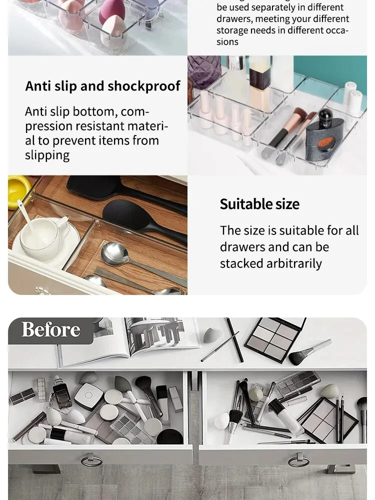 Description Picture 6 of item7/14 Pcs Drawer Organizers Set Clear Plastic Desk Dividers Bins Bedroom Dresser Office Storage Box for Makeup Jewelries Gadgets