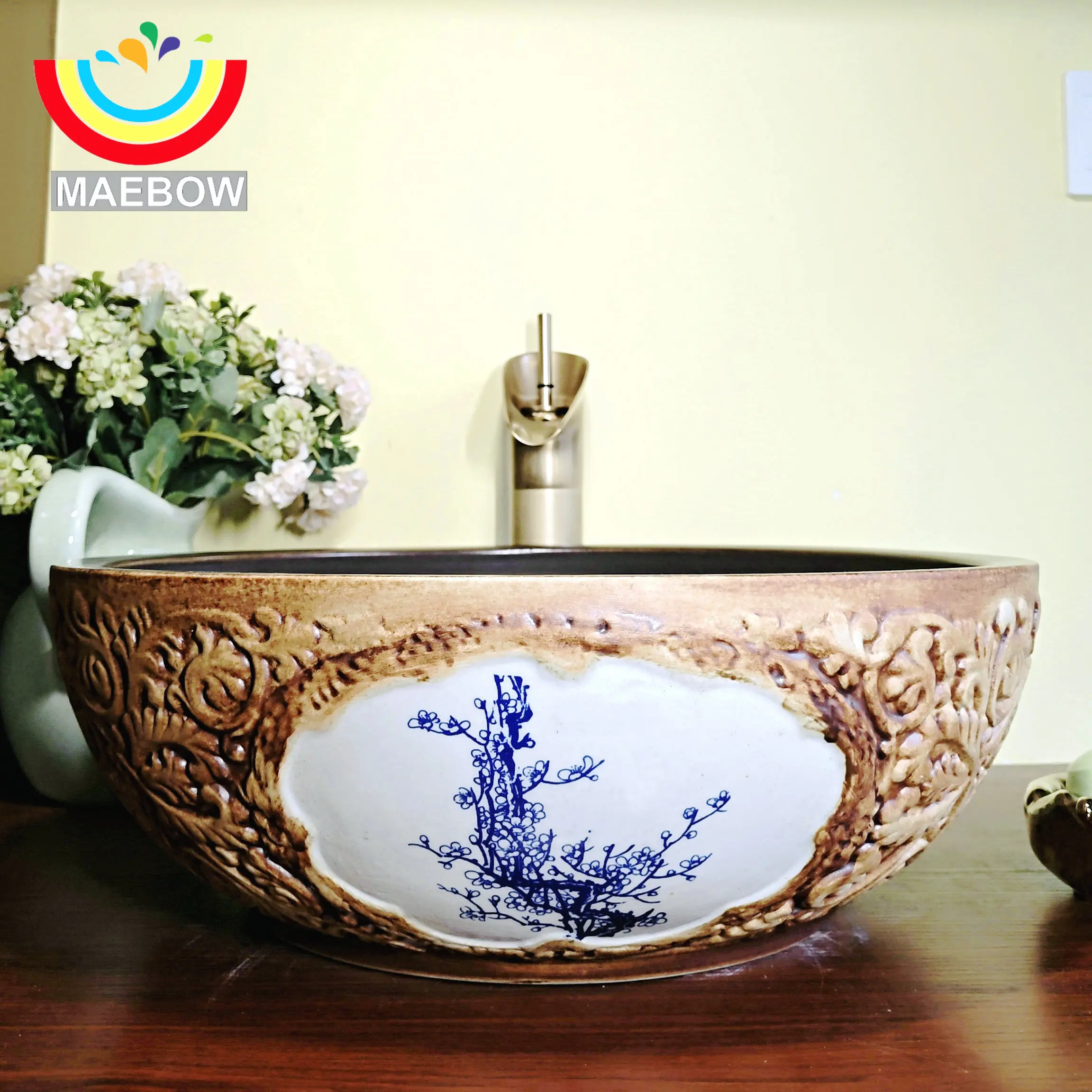 MAEBOW ภาพวาดคู่ศิลปะ Handmade แกะสลักเซรามิค Lavobo รอบเคาน์เตอร์ห้องน้ําอ่างล้างจาน 1