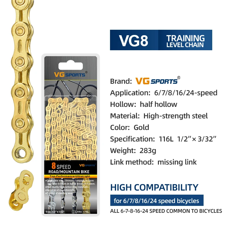 VG Sports 8 9 10 11 12Gang Ultraleichte Fahrradkette EL Halbhohlkette 8s 9s 10s 11s 12s 116L/126L Mountain Road Bike Ketten – Detail 13