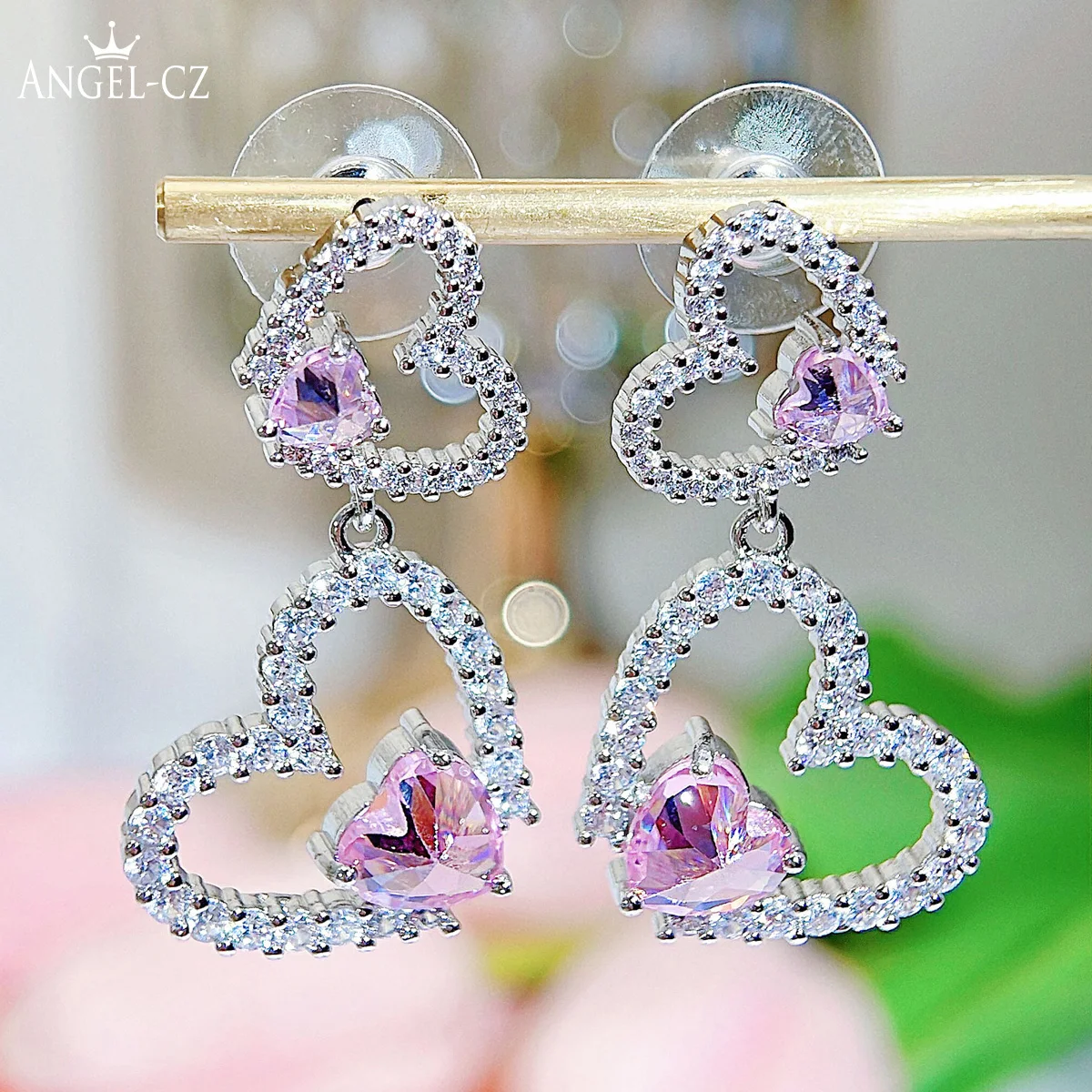 ANGELCZ Delicate Golden Jewelry Micro Pave Ting Bling AAAAA Cubic Zirconia Setting Pink Heart Drop Earrings AE341