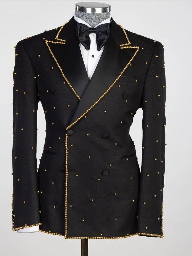 Beaded Luxury Blazer Pants 2 Pieces Men Suits One Button Peaked Lapel Sequins Formal Prom Diamonds Pearls Wedding Groom Tailored