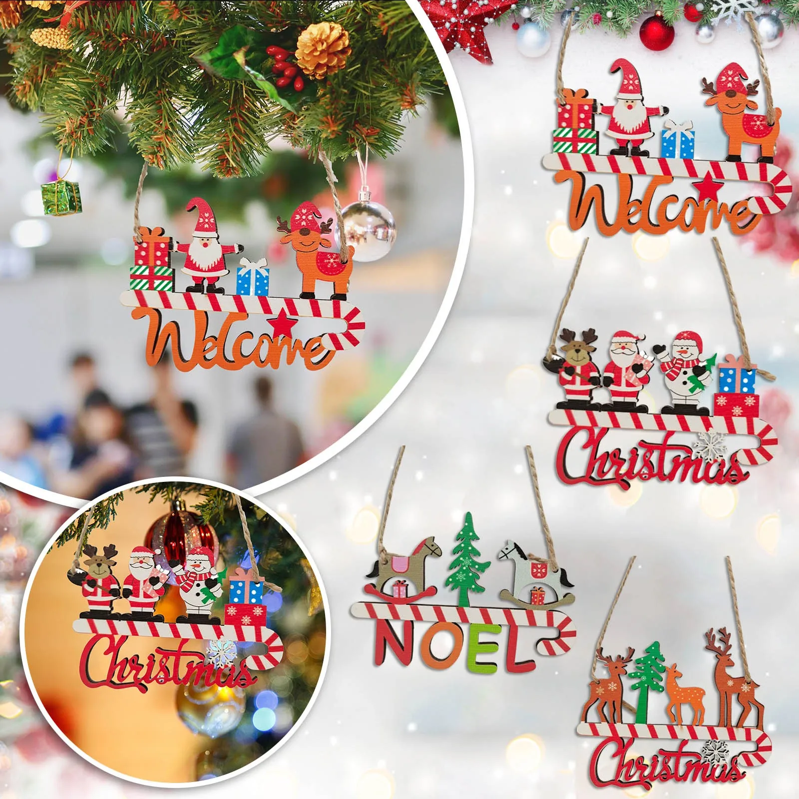 

1PC Creative Christmas Pendant Wooden Hanging Ornaments Welcome Noel Decor New Year Xmas Tree Drop Decorations Gift Accessories