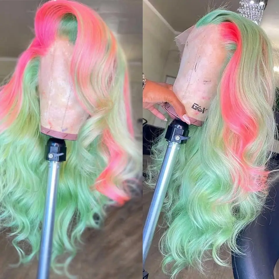 13x4 13x6 Pink Highlight Wig Remy Human Hair Green Body Wave 360 Lace Frontal Wig Transparent Lace Front Human Hair Wigs