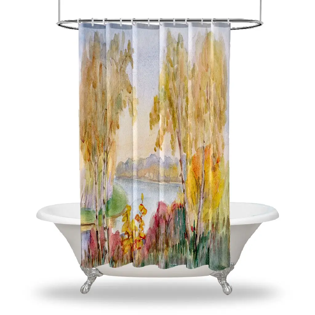 Waterproof Button Hole Shower Drapes For Your Bathtub Bathroom Decorations Autumn Decor Printed Showers Curtain Multiple Sized Colorful