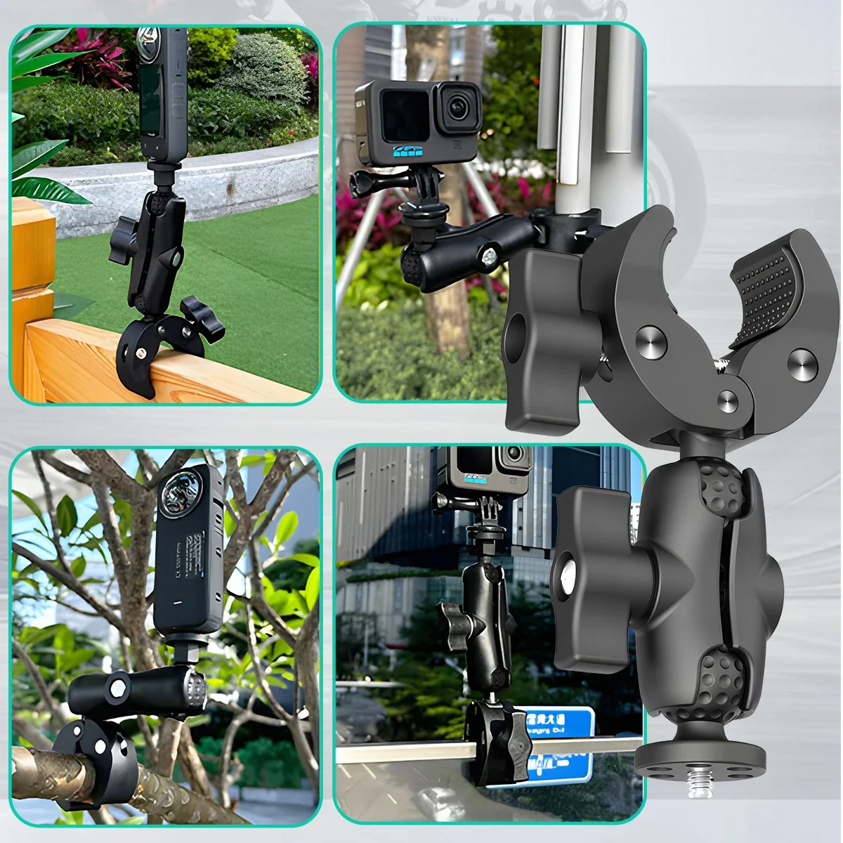 Support double pince pour GoPro Insta360, bras de 9 pouces, pince ouverte montrant le mécanisme de fixation. Achetez Support Double Pince pour Caméra GoPro Insta360 - Fixation Vélo Moto.