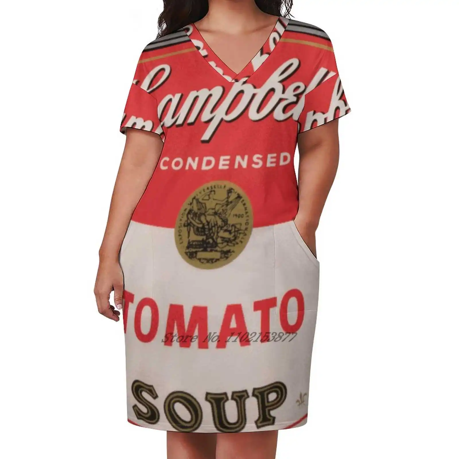 

Tomato Soup Print Loose Pocket Dress Women Casual V Neck Dress Printed Dress Andy Andrew Warhol Campbell Soup Tomato Red White
