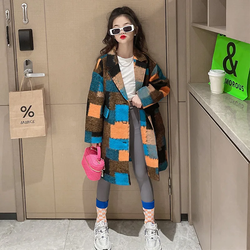 

Fashion Casual Plaid Coat for Girls Autumn Winter Thick Warm Blends Med-length Colorful Woolen Tops Children's Clothing 4-14 Yrs