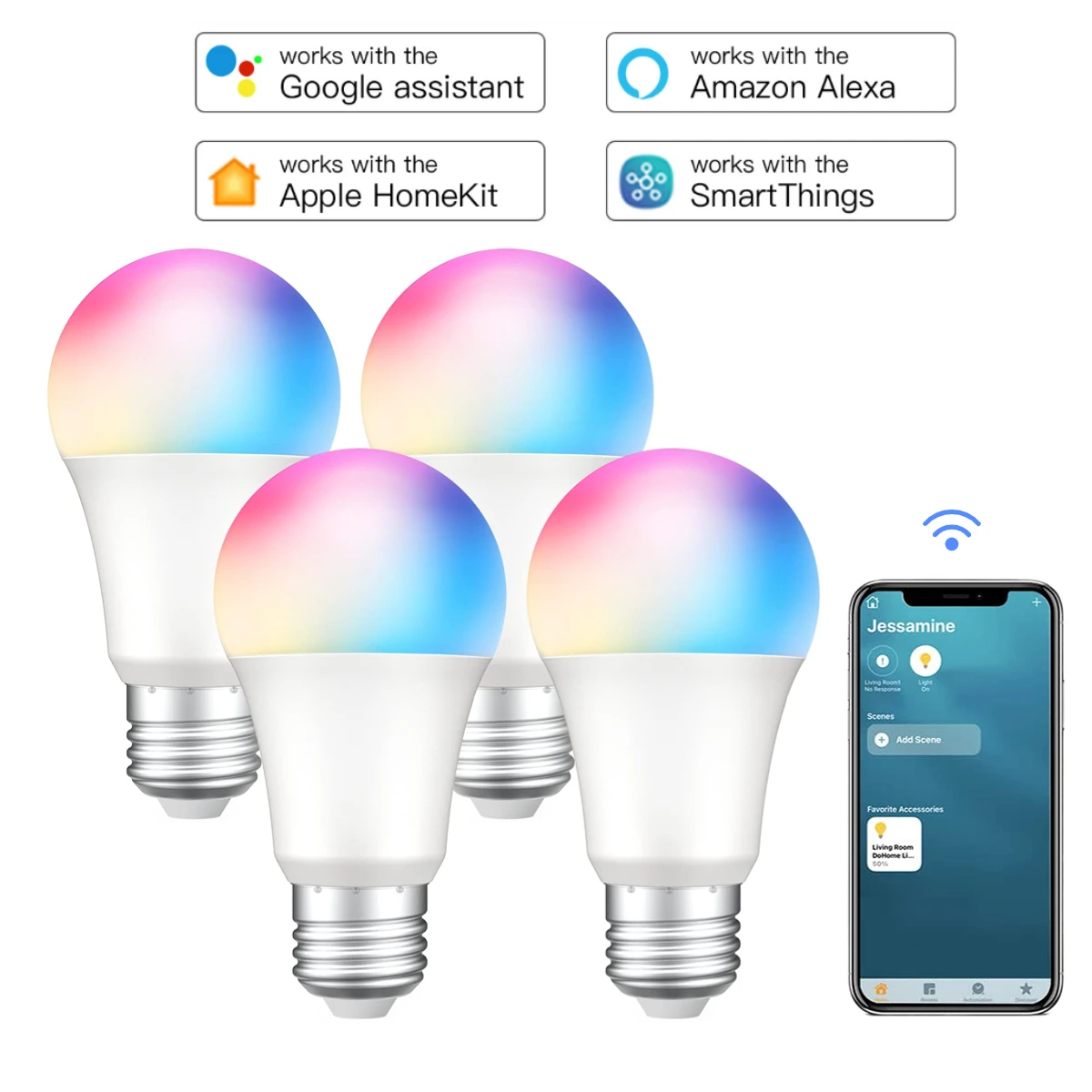 

WiFi Smart LED Light Bulbs Works with Apple HomeKit,Siri ,Alexa, Google Home,SmartThings Dimmable Multicolor RGBCW 9W E27 Lamp