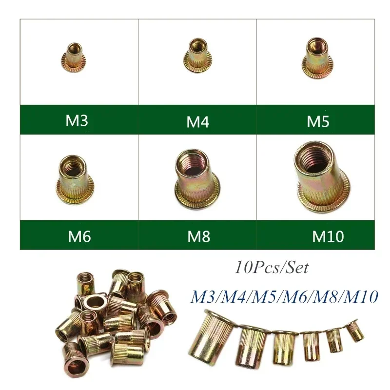 M3 M4 M5 M6 M8 M10 Zinc Plated Knurled Nuts Rivnut Flat Head Threaded Rivet Insert Nutsert Cap Rivet Nuts 10/20Pcs