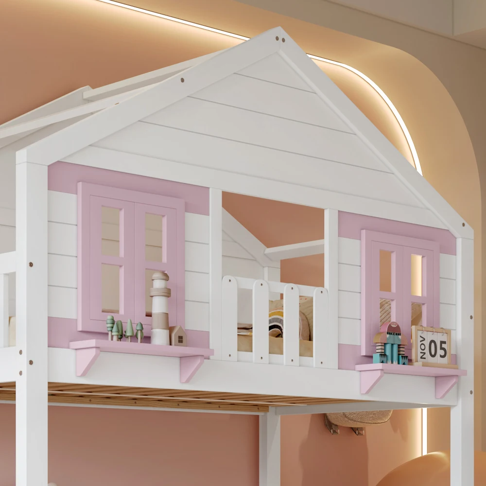 Modernes Kinder-Etagenbett mit Ausziehbarem Zusatzbett, Hängender Aufbewahrung, Niedlichem Fenster- & Dachdesign, Stabilem Lattenrost, 90x200cm – Detail 22
