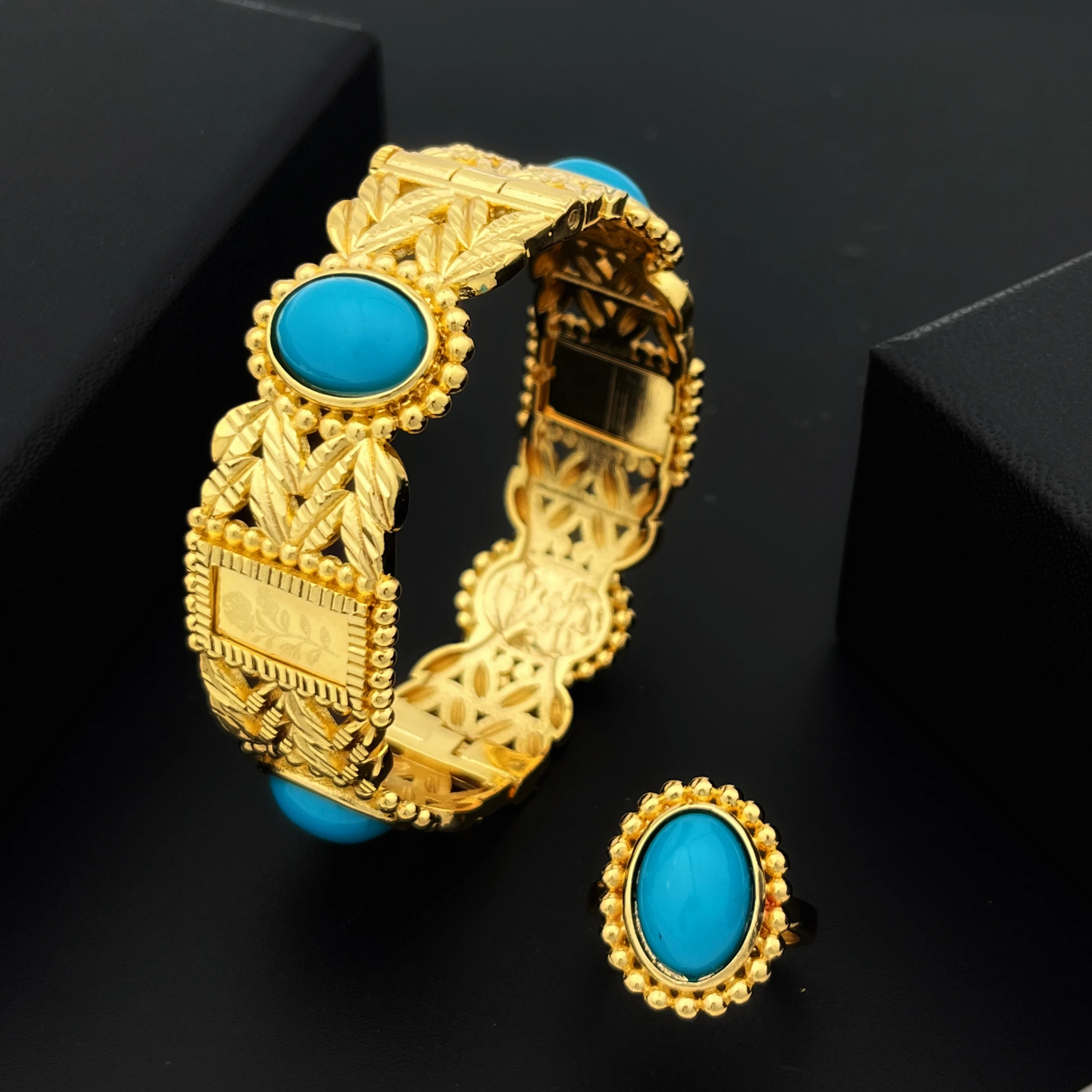 

JRH Summer For Women Dubai Wedding Plated-Gold Color Bangle Ring Jewelry Set African Gift Bridal Jewelrly Luxury Unique Jewelry