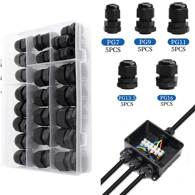 

25pcs Waterproof Cable Gland Cable Entry IP68 for 3-6.5mm PG7 PG9 PG11 PG13.5 PG16 Black Nylon Plastic Connector with Box