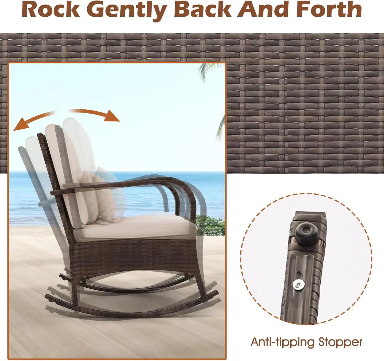 3 Pieces Patio Furniture Set, Outdoor Wicker Rocking Chairs with Cushions, Pillows, Glass Coffee Table, Rattan Bistro Rocker Set