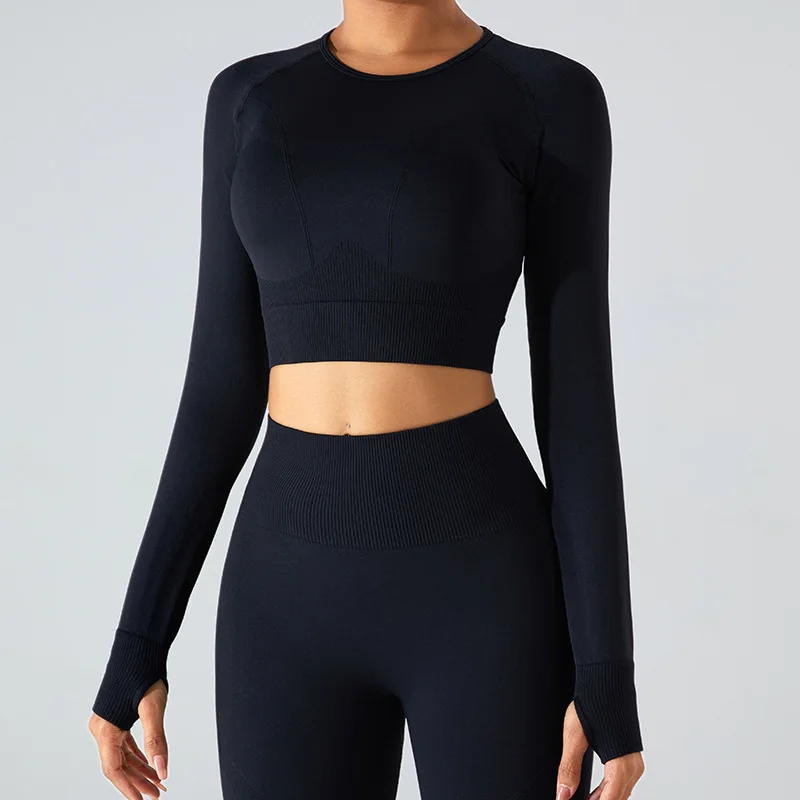 Women's Seamless Long Sleeve Top Yoga Shirts Running T-Shirt Workout Running Fitness Gym Sports Top Training Crop Solidcolor
