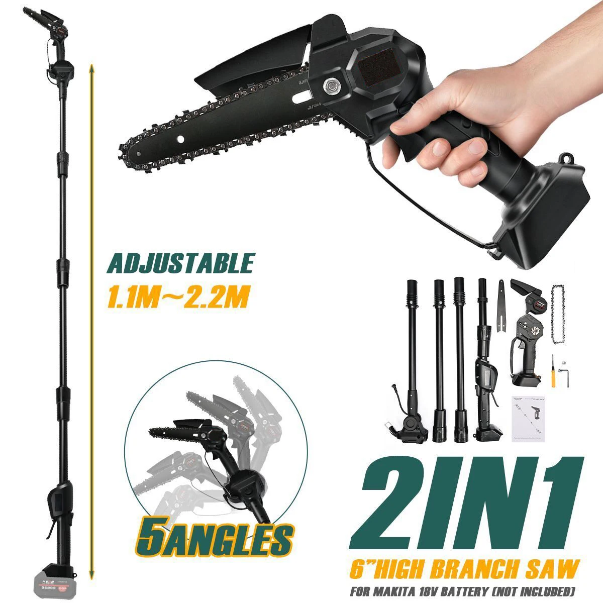 Cordless 6" Chainsaw 2 In 1 Pole Tree Pruner Tool Telescopic High Branch Saw Power Tools with 2 Battery Charger
