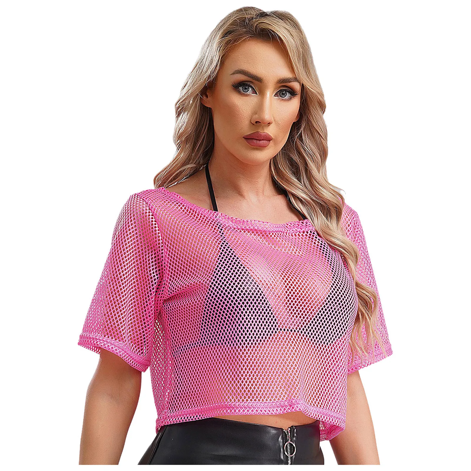 Top corto de malla calada para mujer, camiseta de rejilla de discoteca neón de los años 80, camisola de manga corta con cuello redondo para fiesta de pole dance