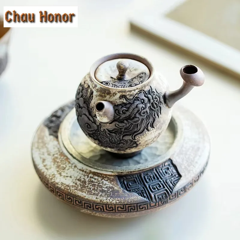 130ml Handmade Relief Ink Dragon Teapot Boutique Powder Yin White Pot Household Tea Making Kettle with Ball Hole Tableware Craft