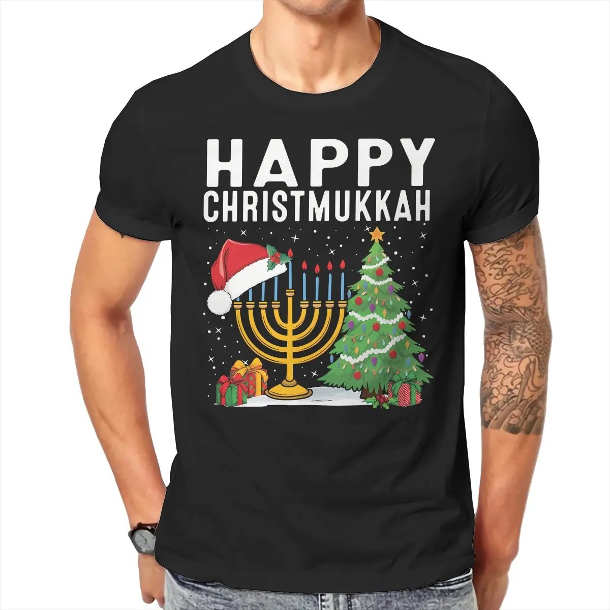 

Funny Hanukkah Christmas Hipster TShirts Happy Hanukkah Pattern Male Harajuku Fabric Streetwear T Shirt Round Neck