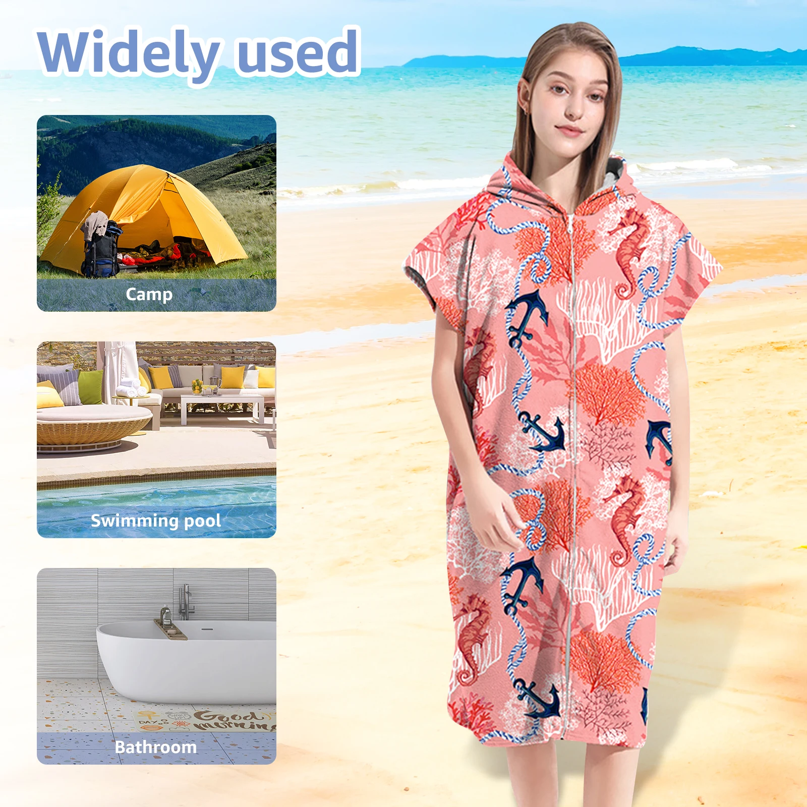 Soft Microfiber Changing Robe Quick Dry Surf Poncho Hooded Towel Poncho Robe with Zipper for Women Men Surfing Swimming Travel