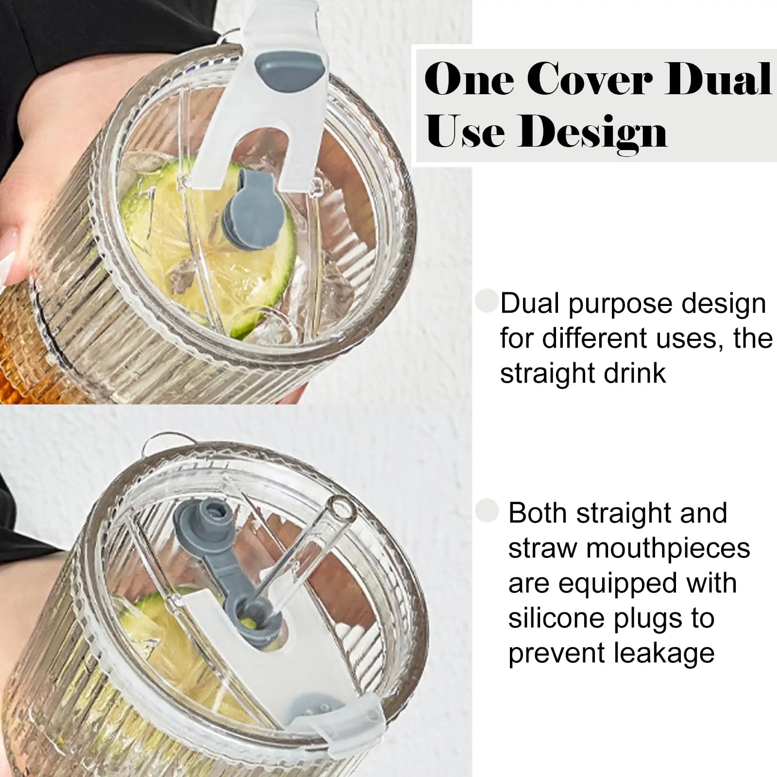 Set of 2 Ribbed Glass Tumbler Cups with Lids & Straws, 600ml Clear Glass