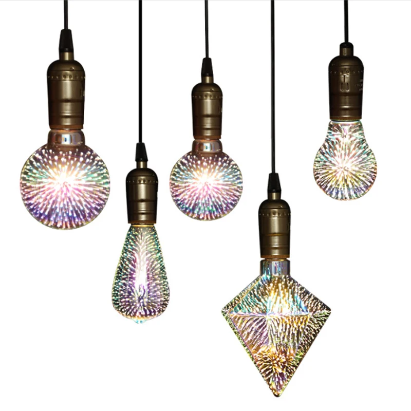 3D 다채로운 LED 에디슨 전구 E27 220V 빈티지 불꽃 놀이 장식 전구 ST64 G95 A60 크리스마스 LED 램프 조명