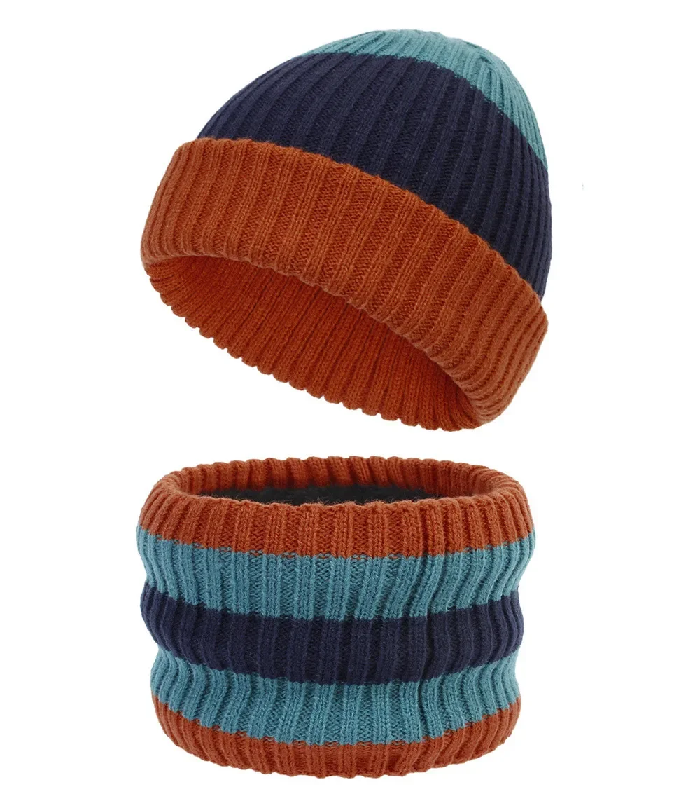 Baby Kid Stripe & Solid Hat Scarf 2 Piece Set Boy Girl Soft Knit Cap And Plush Ring Scarves Child Winter Outdoor Warm Wear 0-8T