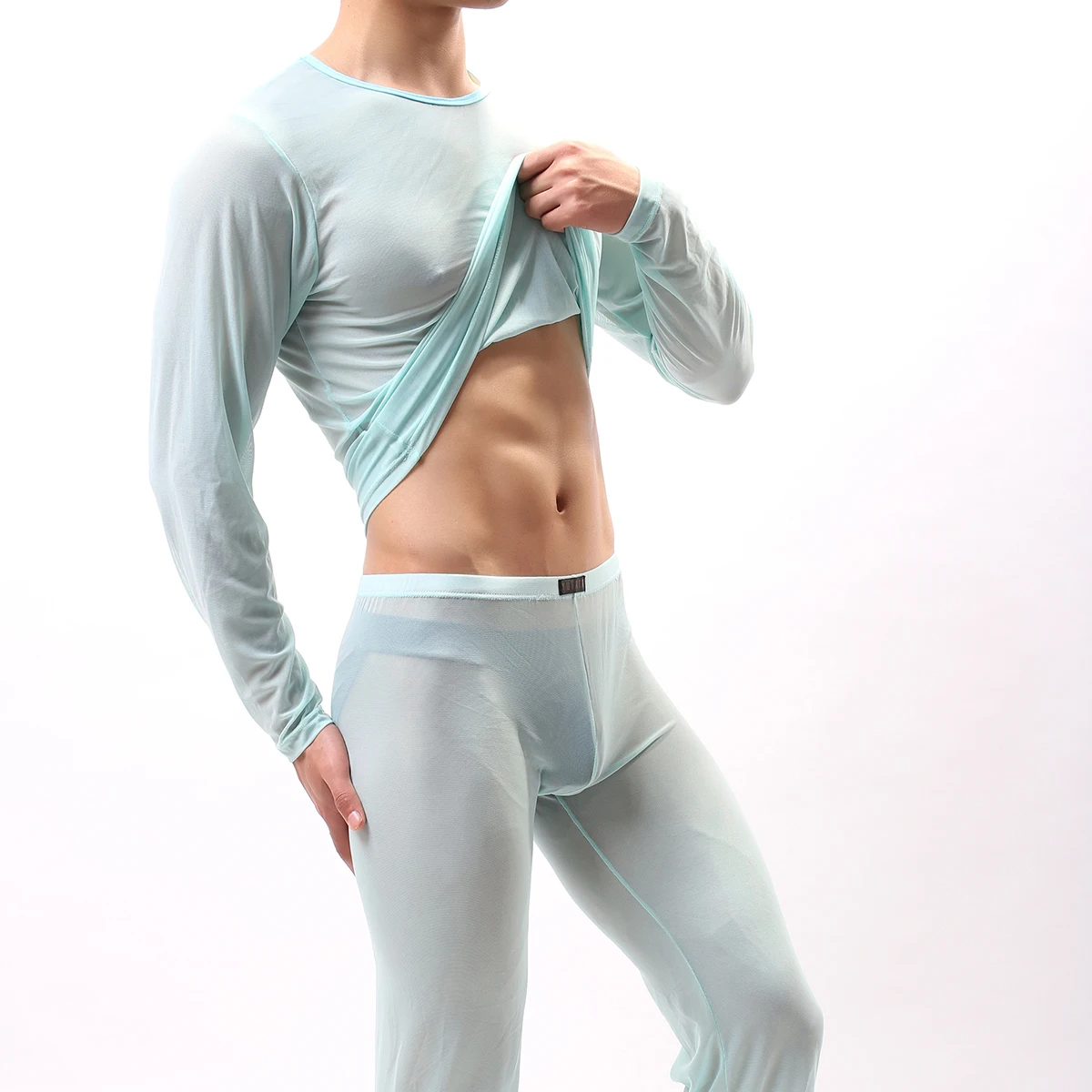 New Fashion Mens Sexy Transparent Gauze Undershirt Utra-thin O-neck See Through Mesh Long Sleeve Fitness T Shirt Men Tees